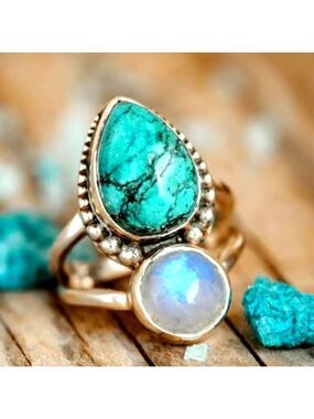 Boho Style Ring Inlaid Waterdrop Shape Turquoise Color Spherical Moonstone Match